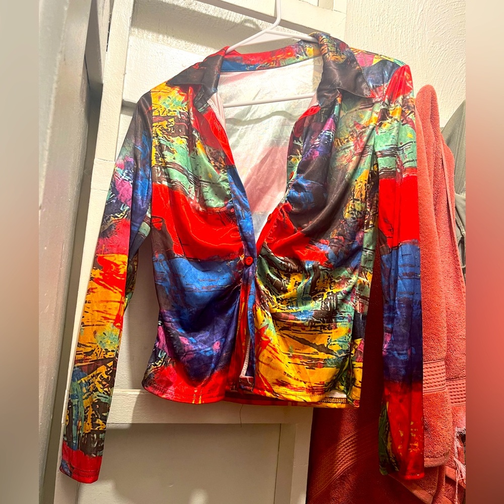 Multicolored long sleeve silk material button up